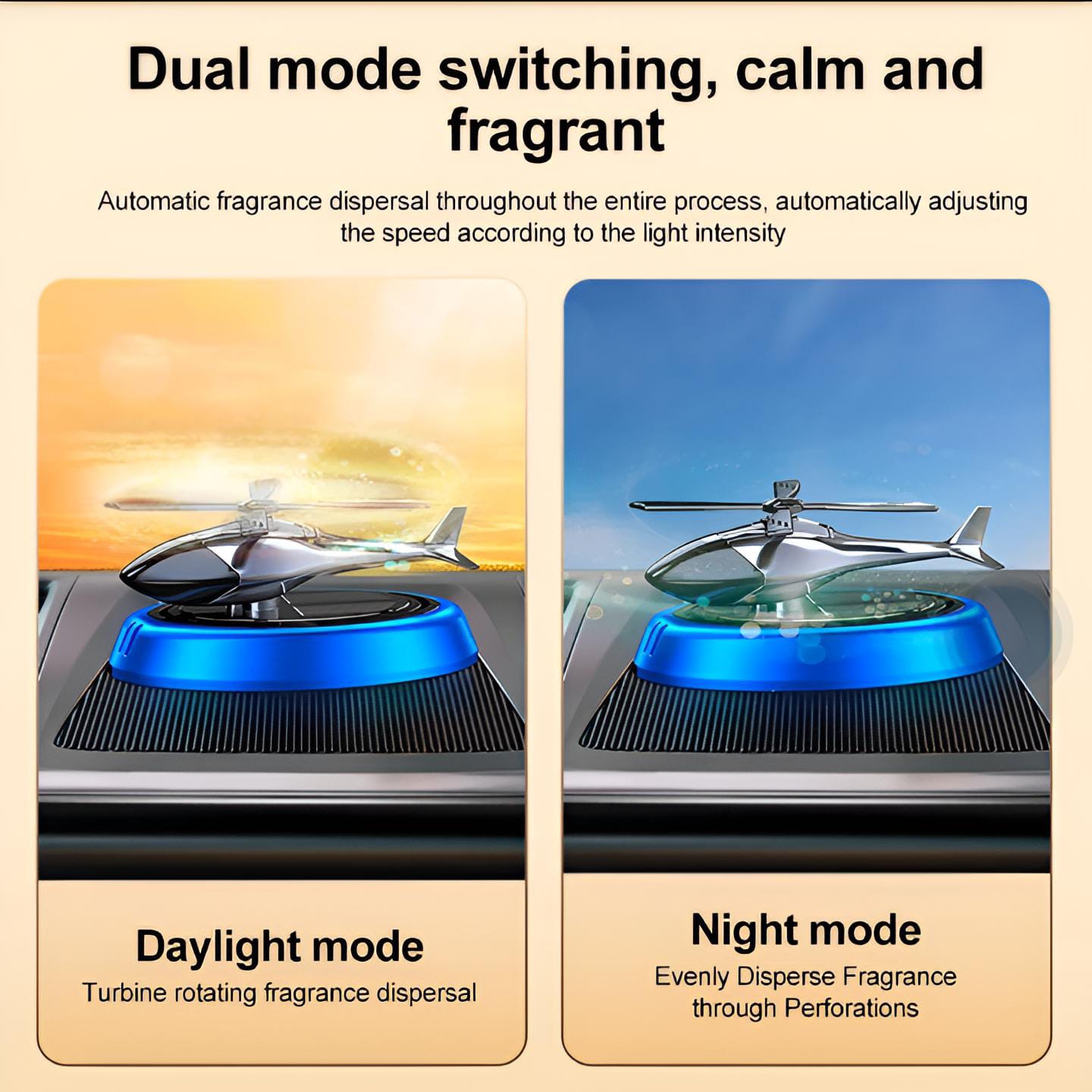Solar Powered Rotating Helicopter Car Aromatherapy Air Freshener Alloy ABS Wood Fragrance Auto Aroma Diffuser (Random Color)