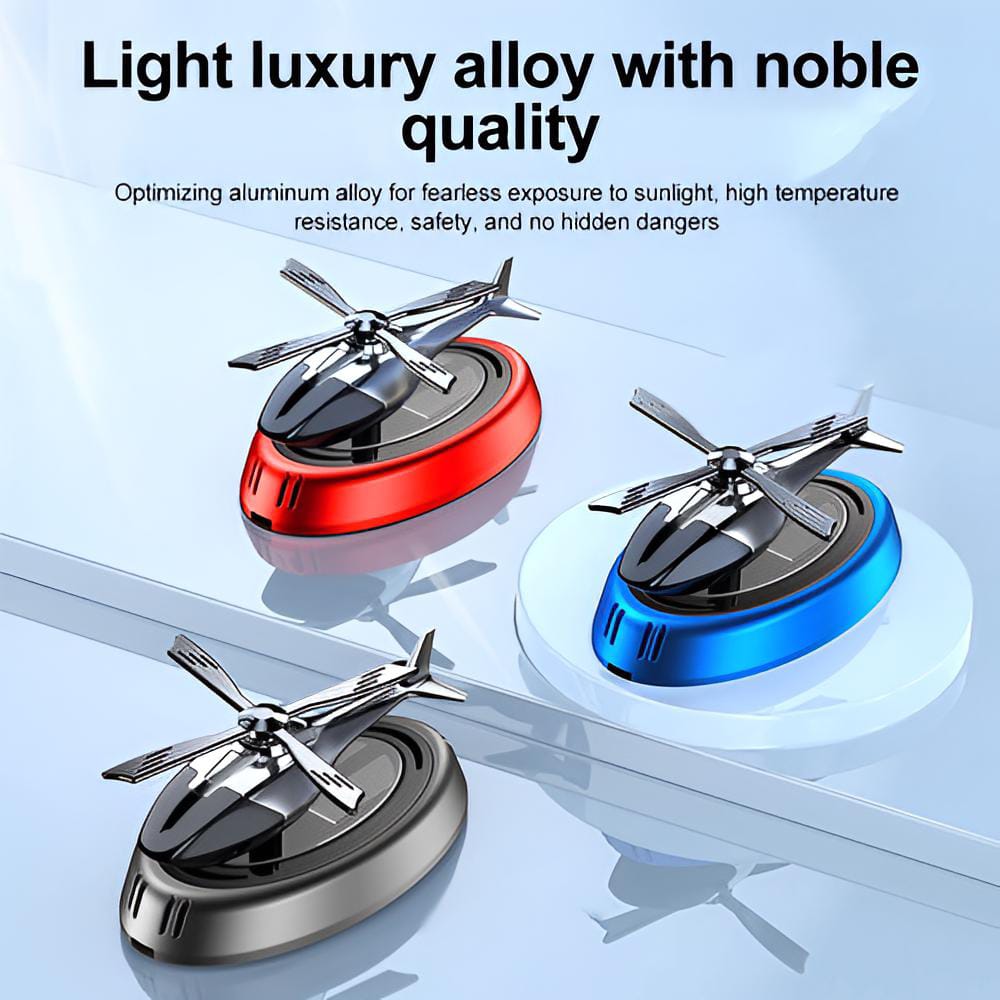 Solar Powered Rotating Helicopter Car Aromatherapy Air Freshener Alloy ABS Wood Fragrance Auto Aroma Diffuser (Random Color)