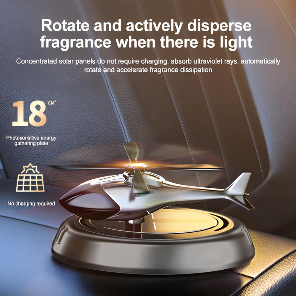 Solar Powered Rotating Helicopter Car Aromatherapy Air Freshener Alloy ABS Wood Fragrance Auto Aroma Diffuser (Random Color)