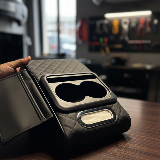 Car Center Console Armrest Cushion With Built-In Cup Holder – Comfortable And Practical Car Accessory For Added Support And Convenient Storage - Black Color